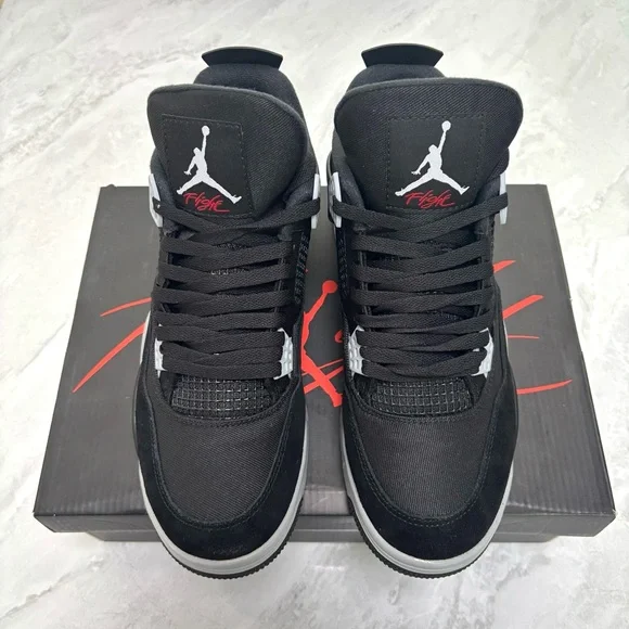 Brand New Retro 4 Black Canvas -Men’s Black/Gray Sneakers Shoes w/ Red Accents - Picture 2 of 6